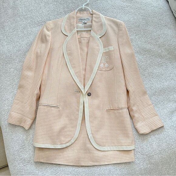 RARE Christian Dior 80's Vintage Pink Houndstooth Two Piece Skirt Blazer Set S - Picture 1 of 15